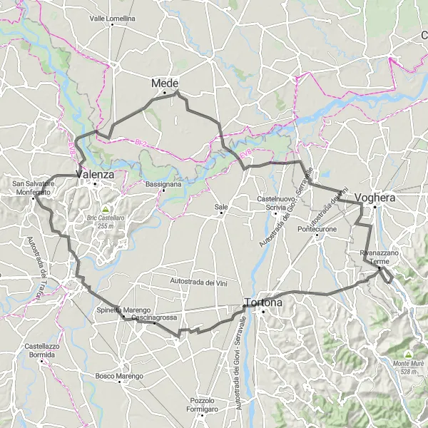 Miniatua del mapa de inspiración ciclista "Ruta de ciclismo de carretera a San Salvatore Monferrato" en Lombardia, Italy. Generado por Tarmacs.app planificador de rutas ciclistas