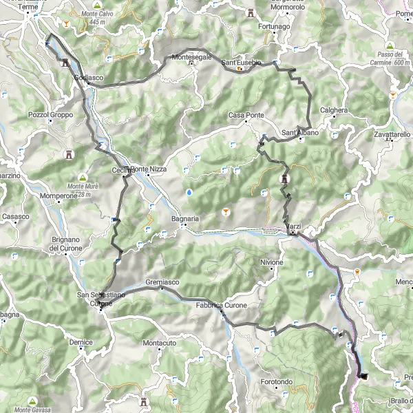 Kartminiatyr av "Utforsk Oltrepo Pavese Fjellene" sykkelinspirasjon i Lombardia, Italy. Generert av Tarmacs.app sykkelrutoplanlegger