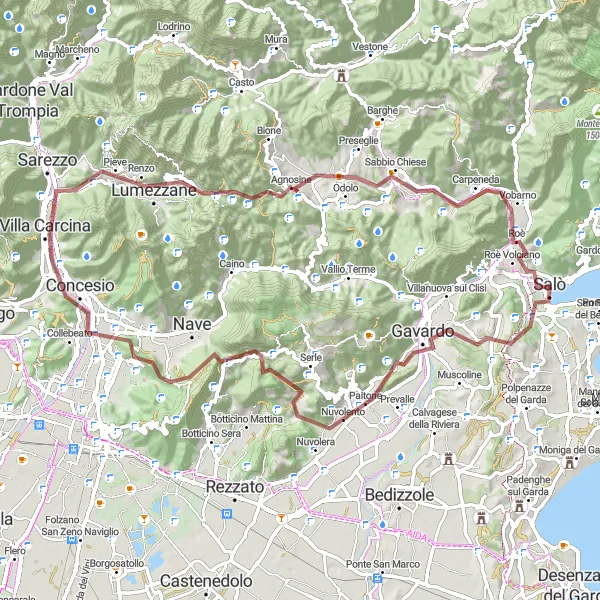 Miniature de la carte de l'inspiration cycliste "Exploration des collines et des montagnes du Lac de Garde" dans la Lombardia, Italy. Générée par le planificateur d'itinéraire cycliste Tarmacs.app