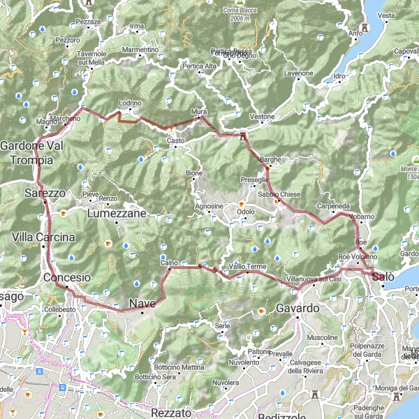 Mapa miniatúra "Gravel okruh cez Villanuova sul Clisi" cyklistická inšpirácia v Lombardia, Italy. Vygenerované cyklistickým plánovačom trás Tarmacs.app