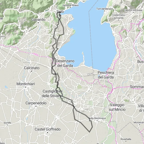 Karttaminiaatyyri "Maantiereitti Lonato del Gardasta Salòon" pyöräilyinspiraatiosta alueella Lombardia, Italy. Luotu Tarmacs.app pyöräilyreittisuunnittelijalla