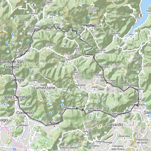 Kartminiatyr av "Oppdag de pittoreske byene rundt Garda-sjøen" sykkelinspirasjon i Lombardia, Italy. Generert av Tarmacs.app sykkelrutoplanlegger