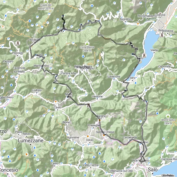 Karttaminiaatyyri "Kohti vuoria ja järveä" pyöräilyinspiraatiosta alueella Lombardia, Italy. Luotu Tarmacs.app pyöräilyreittisuunnittelijalla