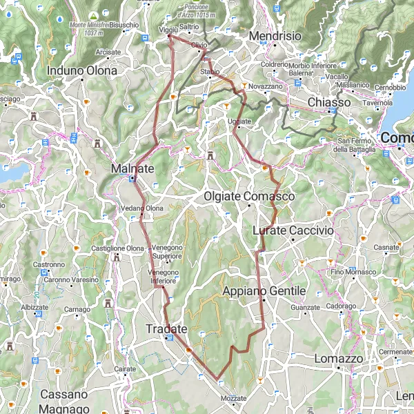 Map miniature of "Saltrio Gravel Adventure" cycling inspiration in Lombardia, Italy. Generated by Tarmacs.app cycling route planner