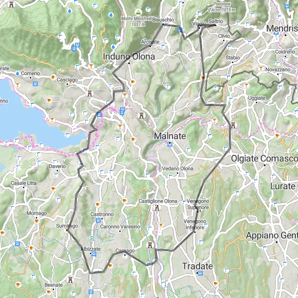 Map miniature of "Saltrio Loop via Colle di San Maffeo" cycling inspiration in Lombardia, Italy. Generated by Tarmacs.app cycling route planner