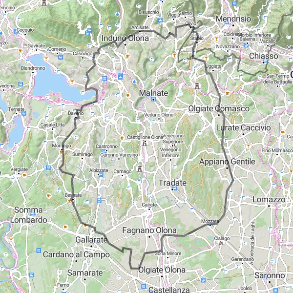 Zemljevid v pomanjšavi "90 km Cestno kolesarjenje Saltrio - Monte Scere" kolesarske inspiracije v Lombardia, Italy. Generirano z načrtovalcem kolesarskih poti Tarmacs.app