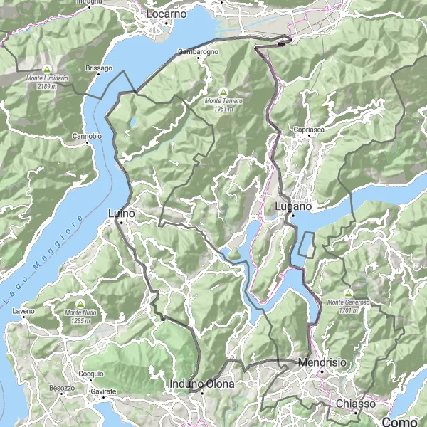 Miniatura della mappa di ispirazione al ciclismo "Avventura ciclistica da Saltrio a Lugano lungo il Lago Maggiore" nella regione di Lombardia, Italy. Generata da Tarmacs.app, pianificatore di rotte ciclistiche