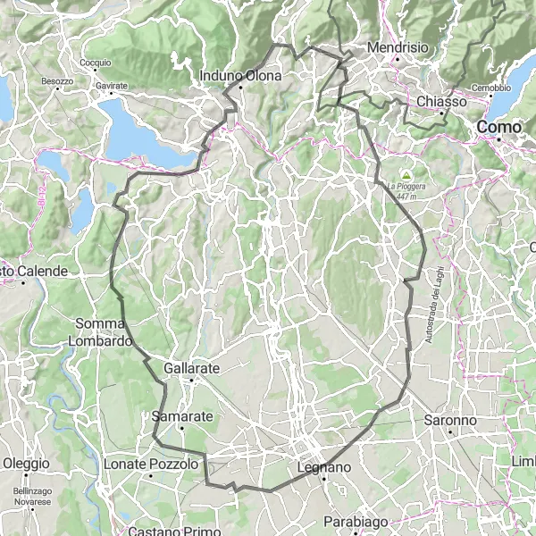 Miniatura della mappa di ispirazione al ciclismo "Bici da strada da Saltrio a Varese e ritorno" nella regione di Lombardia, Italy. Generata da Tarmacs.app, pianificatore di rotte ciclistiche
