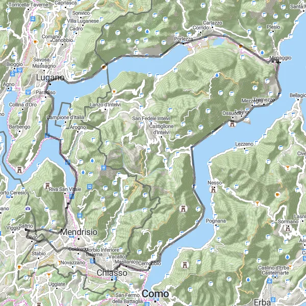 Miniatura mapy "Wycieczka rowerowa przez Lugano i Lago di Lugano" - trasy rowerowej w Lombardia, Italy. Wygenerowane przez planer tras rowerowych Tarmacs.app