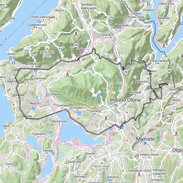Miniatua del mapa de inspiración ciclista "Exploración en Bicicleta de Carretera alrededor de Saltrio" en Lombardia, Italy. Generado por Tarmacs.app planificador de rutas ciclistas