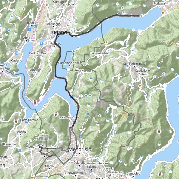 Miniatua del mapa de inspiración ciclista "Vuelta al Lago di Lugano" en Lombardia, Italy. Generado por Tarmacs.app planificador de rutas ciclistas