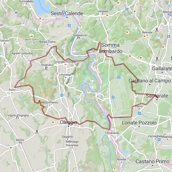 Miniaturní mapa "Gravelová výzva přes Oleggio a Borgo Ticino" inspirace pro cyklisty v oblasti Lombardia, Italy. Vytvořeno pomocí plánovače tras Tarmacs.app