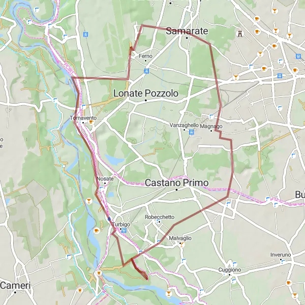 Map miniature of "Picturesque Gravel Loop near Samarate" cycling inspiration in Lombardia, Italy. Generated by Tarmacs.app cycling route planner