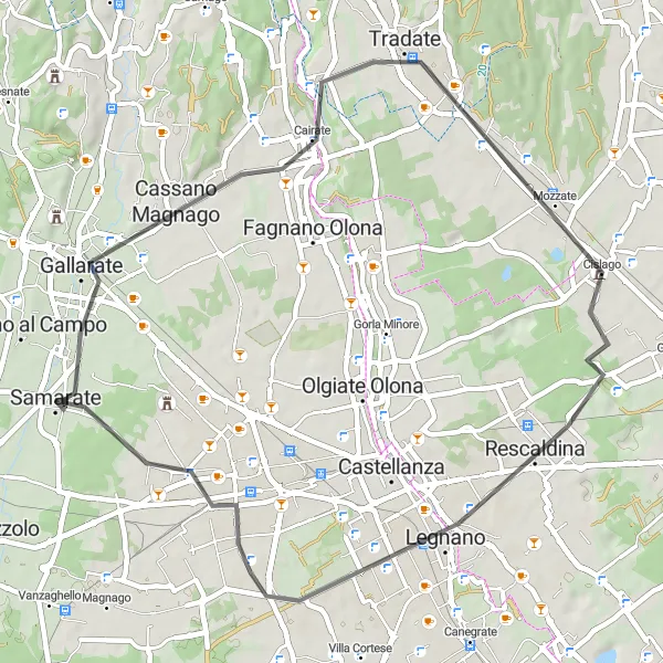 Miniatua del mapa de inspiración ciclista "Ruta de ciclismo de carretera de Samarate a Cislago, Legnano y vuelta" en Lombardia, Italy. Generado por Tarmacs.app planificador de rutas ciclistas