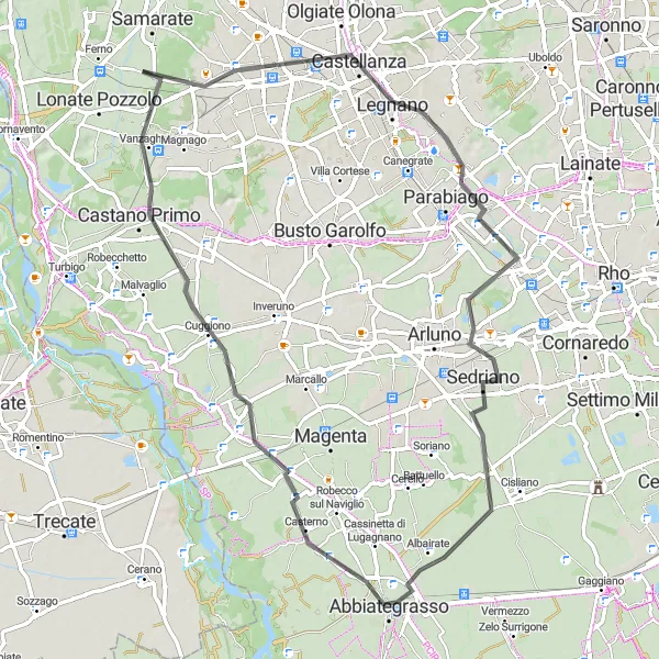Miniatua del mapa de inspiración ciclista "Ruta en carretera desde Samarate a San Macario" en Lombardia, Italy. Generado por Tarmacs.app planificador de rutas ciclistas