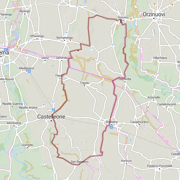 Miniatura della mappa di ispirazione al ciclismo "Percorso in bicicletta gravel da San Bassano a Soresina" nella regione di Lombardia, Italy. Generata da Tarmacs.app, pianificatore di rotte ciclistiche