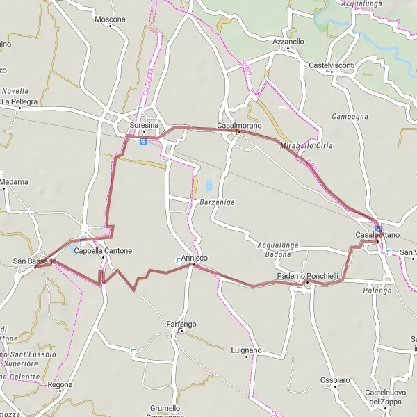 Kartminiatyr av "Grusvei til Casalmorano og Casalbuttano" sykkelinspirasjon i Lombardia, Italy. Generert av Tarmacs.app sykkelrutoplanlegger