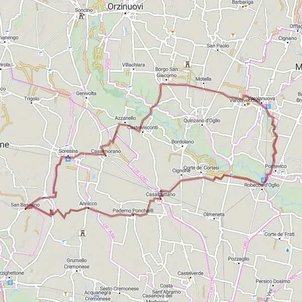 Miniatua del mapa de inspiración ciclista "Ruta de grava a lo largo del río Oglio" en Lombardia, Italy. Generado por Tarmacs.app planificador de rutas ciclistas