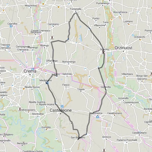 Miniatura mapy "Szlak roadowy w kierunku Castelleone" - trasy rowerowej w Lombardia, Italy. Wygenerowane przez planer tras rowerowych Tarmacs.app