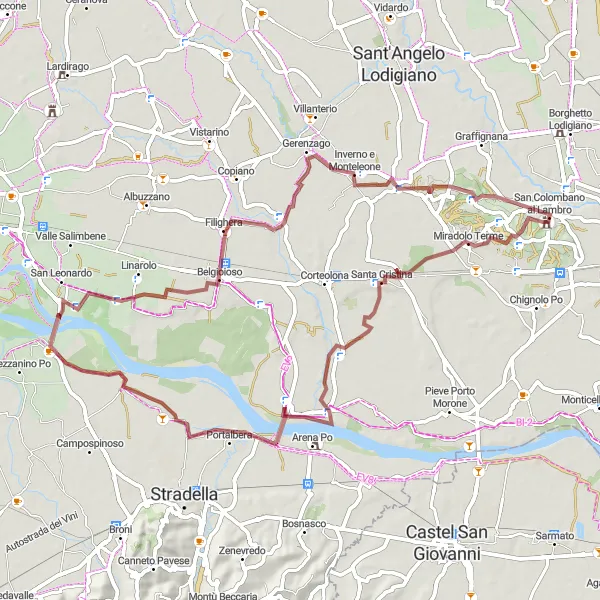 Miniatura della mappa di ispirazione al ciclismo "Gravel Tour delle Colline" nella regione di Lombardia, Italy. Generata da Tarmacs.app, pianificatore di rotte ciclistiche