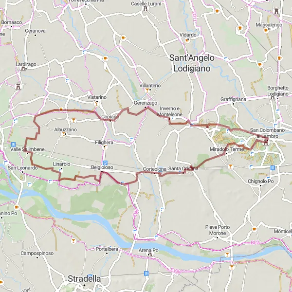 Miniaturekort af cykelinspirationen "Grusvej til Belgioioso" i Lombardia, Italy. Genereret af Tarmacs.app cykelruteplanlægger