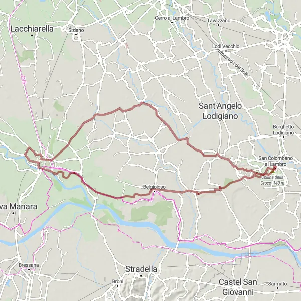Miniaturní mapa "Gravelová cyklotrasa kolem San Colombano al Lambro" inspirace pro cyklisty v oblasti Lombardia, Italy. Vytvořeno pomocí plánovače tras Tarmacs.app