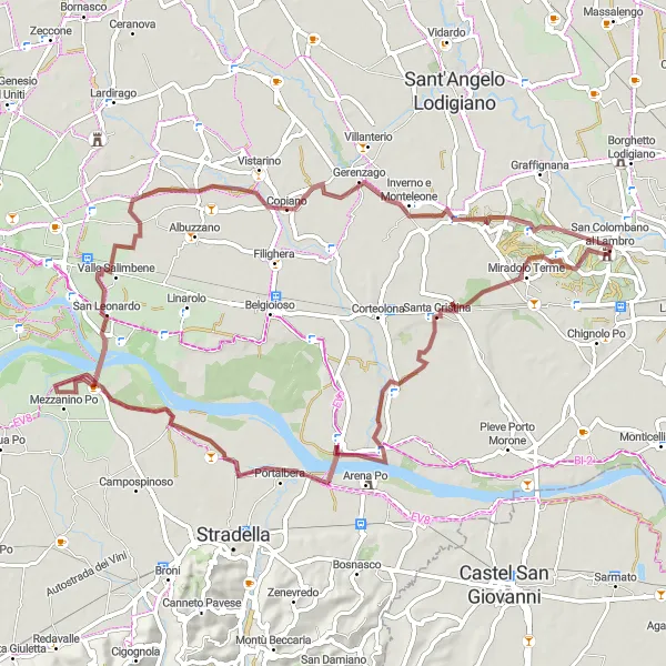 Miniatua del mapa de inspiración ciclista "Ruta de las colinas en grava cerca de San Colombano al Lambro" en Lombardia, Italy. Generado por Tarmacs.app planificador de rutas ciclistas