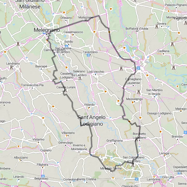 Kartminiatyr av "Cykla runt San Colombano al Lambro" cykelinspiration i Lombardia, Italy. Genererad av Tarmacs.app cykelruttplanerare