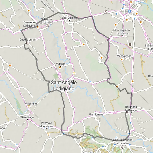 Miniatua del mapa de inspiración ciclista "Ruta Escénica a Villanova del Sillaro" en Lombardia, Italy. Generado por Tarmacs.app planificador de rutas ciclistas
