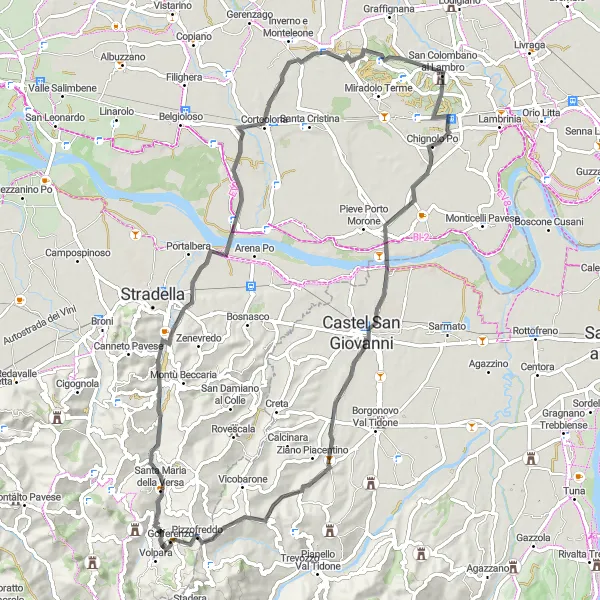 Kartminiatyr av "Utflykt till Castel San Giovanni" cykelinspiration i Lombardia, Italy. Genererad av Tarmacs.app cykelruttplanerare