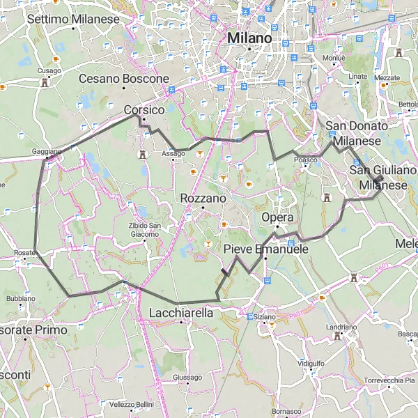 Miniatura della mappa di ispirazione al ciclismo "Giro in Bici da Pieve Emanuele a San Donato Milanese" nella regione di Lombardia, Italy. Generata da Tarmacs.app, pianificatore di rotte ciclistiche