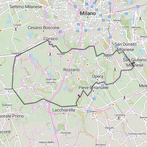 Miniatuurkaart van de fietsinspiratie "Rondrit naar Pieve Emanuele" in Lombardia, Italy. Gemaakt door de Tarmacs.app fietsrouteplanner