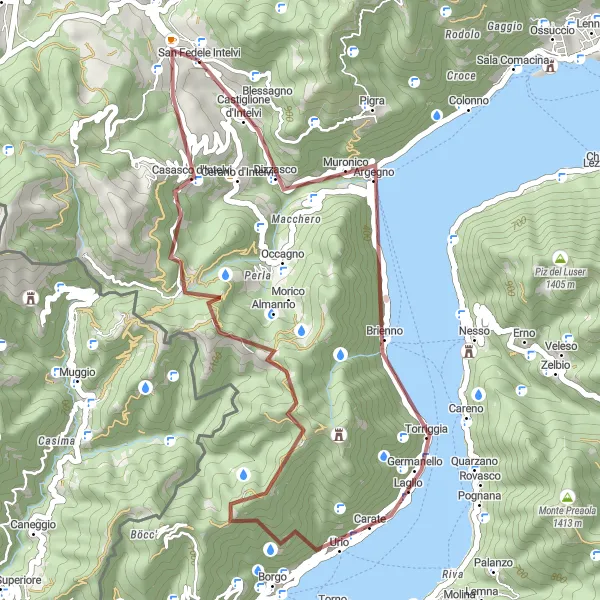 Map miniature of "Intelvi Gravel Adventure" cycling inspiration in Lombardia, Italy. Generated by Tarmacs.app cycling route planner