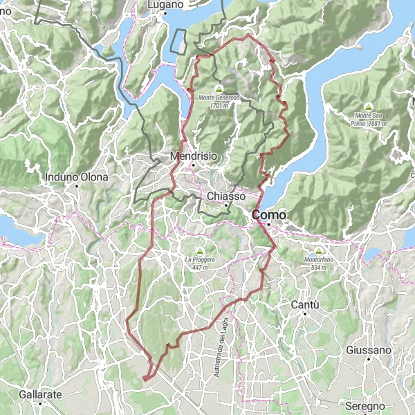 Karttaminiaatyyri "Reitti ympäri Monte Bisbinon ja Comon järvialuetta" pyöräilyinspiraatiosta alueella Lombardia, Italy. Luotu Tarmacs.app pyöräilyreittisuunnittelijalla