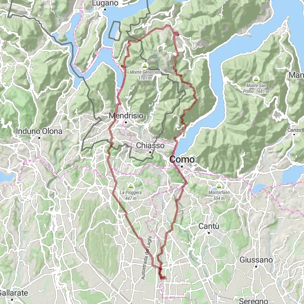 Miniaturní mapa "Gravelový okruh přes Colma del Bugone a Riva San Vitale" inspirace pro cyklisty v oblasti Lombardia, Italy. Vytvořeno pomocí plánovače tras Tarmacs.app