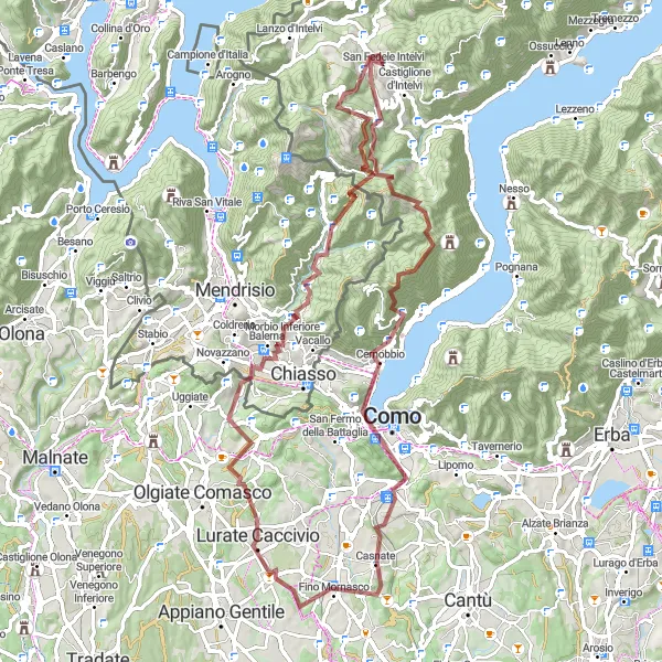 Mapa miniatúra "Gravelový výlet okolo San Fedele Intelvi" cyklistická inšpirácia v Lombardia, Italy. Vygenerované cyklistickým plánovačom trás Tarmacs.app