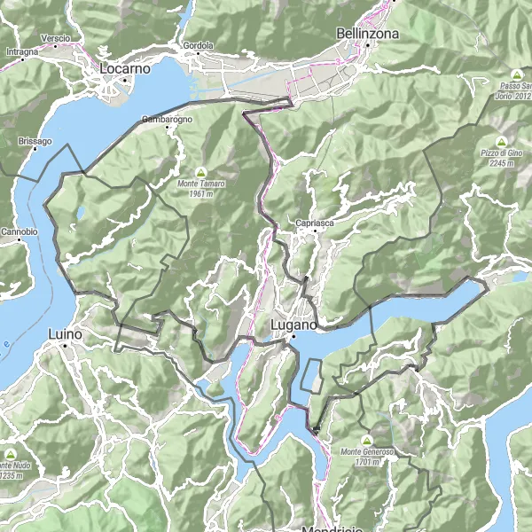 Mapa miniatúra "Jazda okolo jazera Lugano" cyklistická inšpirácia v Lombardia, Italy. Vygenerované cyklistickým plánovačom trás Tarmacs.app