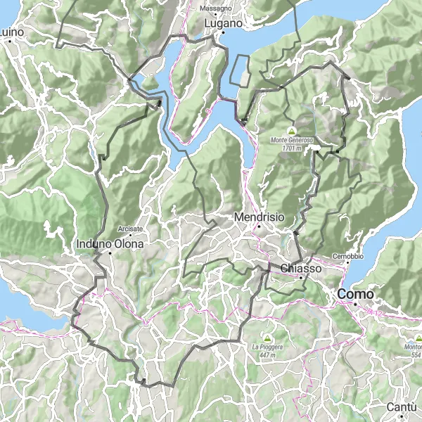 Miniatua del mapa de inspiración ciclista "Gran Ruta en Carretera por Muggio y Lavena Ponte Tresa" en Lombardia, Italy. Generado por Tarmacs.app planificador de rutas ciclistas