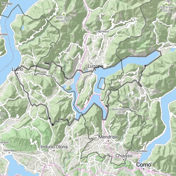 Karttaminiaatyyri "Haastava reitti ympäri Luganon järveä" pyöräilyinspiraatiosta alueella Lombardia, Italy. Luotu Tarmacs.app pyöräilyreittisuunnittelijalla