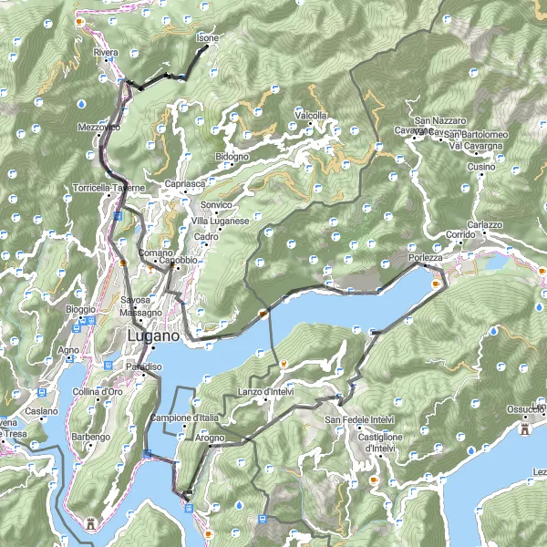 Miniature de la carte de l'inspiration cycliste "Tour de Lombardia autour du lac de Lugano" dans la Lombardia, Italy. Générée par le planificateur d'itinéraire cycliste Tarmacs.app