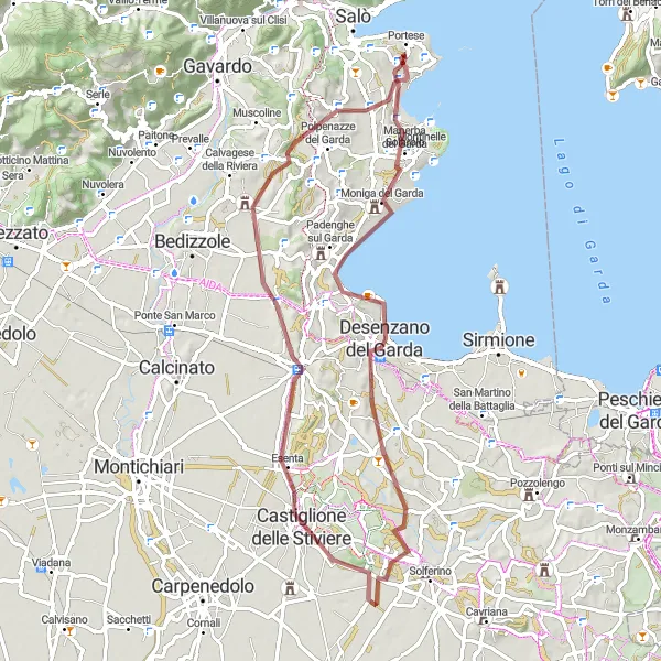 Karttaminiaatyyri "Seikkailu Manerba del Gardan ympäristössä" pyöräilyinspiraatiosta alueella Lombardia, Italy. Luotu Tarmacs.app pyöräilyreittisuunnittelijalla
