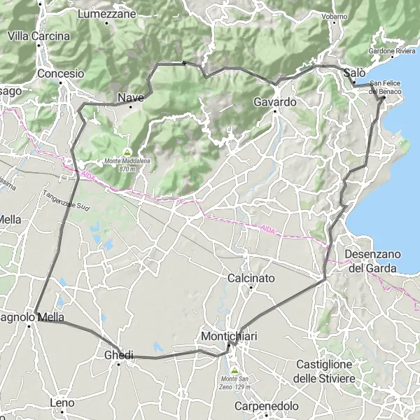 Karten-Miniaturansicht der Radinspiration "San Felice del Benaco - Monte Costalunga - Villanuova sul Clisi - Cisano - San Felice del Benaco" in Lombardia, Italy. Erstellt vom Tarmacs.app-Routenplaner für Radtouren