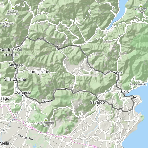 Zemljevid v pomanjšavi "Scenic road cycling loop near San Felice del Benaco" kolesarske inspiracije v Lombardia, Italy. Generirano z načrtovalcem kolesarskih poti Tarmacs.app