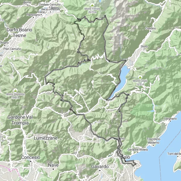 Miniatua del mapa de inspiración ciclista "Giro en bicicleta de montaña alrededor del Lago di Garda" en Lombardia, Italy. Generado por Tarmacs.app planificador de rutas ciclistas
