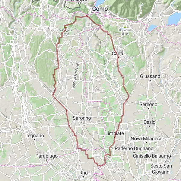 Zemljevid v pomanjšavi "Scenic gravel route starting near San Fermo della Battaglia" kolesarske inspiracije v Lombardia, Italy. Generirano z načrtovalcem kolesarskih poti Tarmacs.app