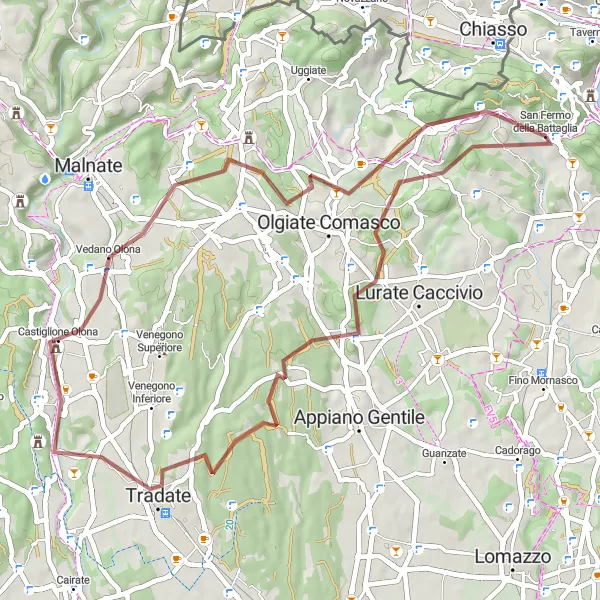 Miniaturní mapa "Gravelový okruh kolem San Fermo della Battaglia" inspirace pro cyklisty v oblasti Lombardia, Italy. Vytvořeno pomocí plánovače tras Tarmacs.app