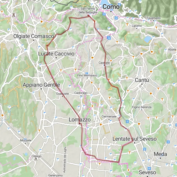 Miniaturekort af cykelinspirationen "Opdag Lombardias skove på gruscykel fra San Fermo della Battaglia" i Lombardia, Italy. Genereret af Tarmacs.app cykelruteplanlægger