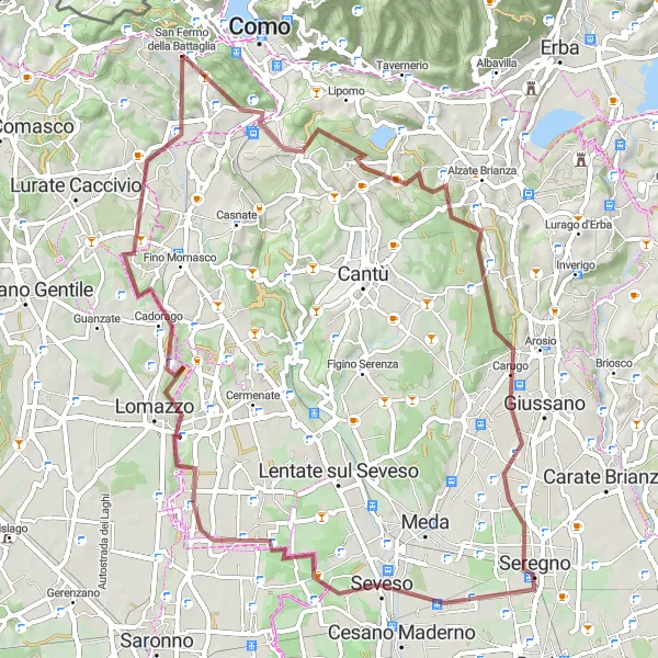 Mapa miniatúra "Gravelový výlet k Castello del Baradello" cyklistická inšpirácia v Lombardia, Italy. Vygenerované cyklistickým plánovačom trás Tarmacs.app