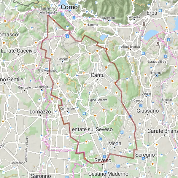 Map miniature of "Gravel Odyssey - Castello del Baradello" cycling inspiration in Lombardia, Italy. Generated by Tarmacs.app cycling route planner