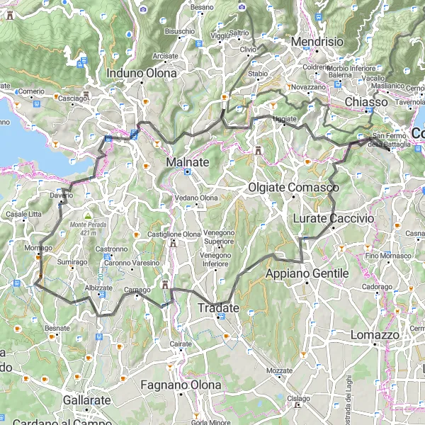 Map miniature of "Loop around San Fermo della Battaglia" cycling inspiration in Lombardia, Italy. Generated by Tarmacs.app cycling route planner